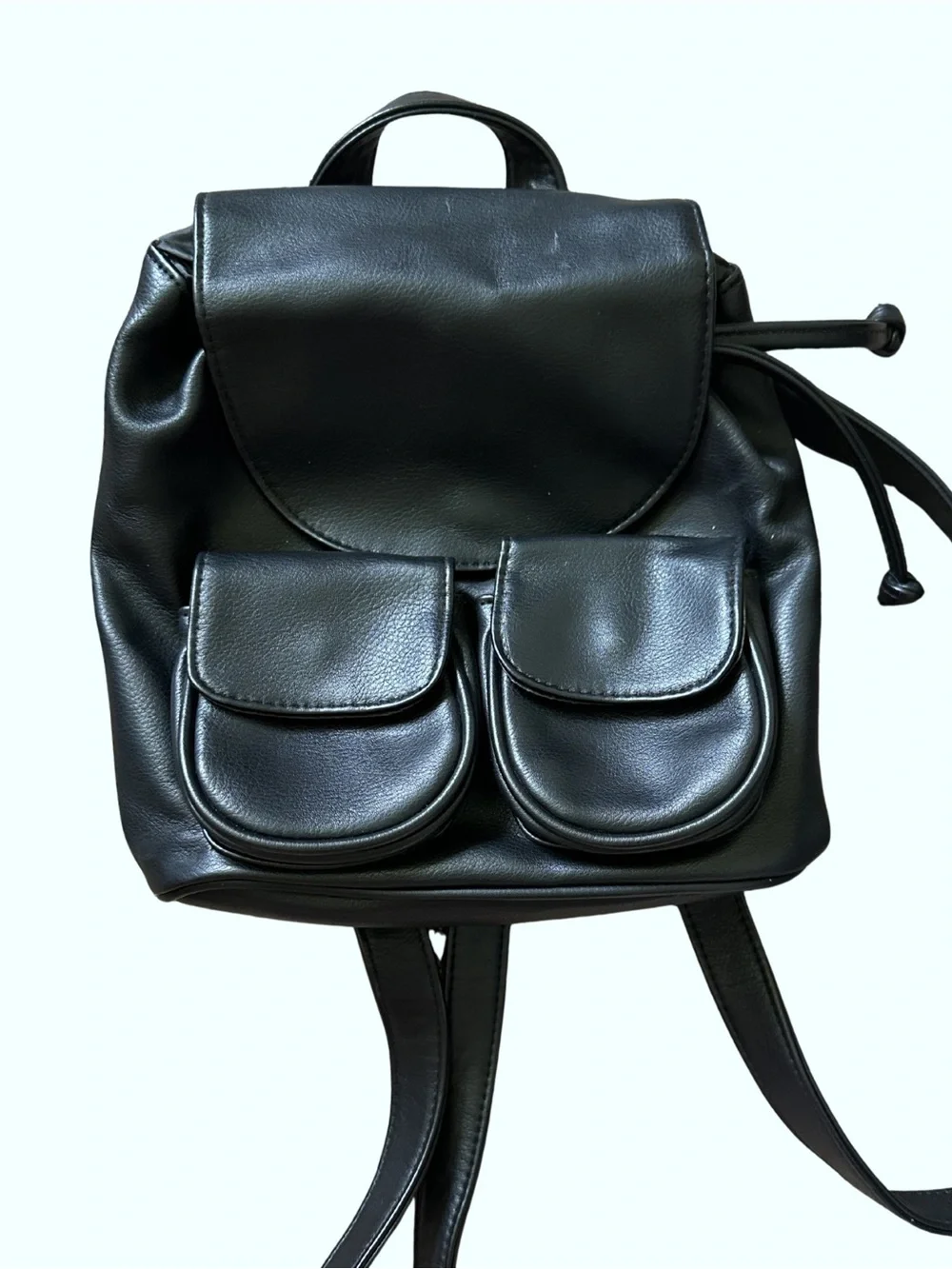 Black Faux Leather Mini Backpack with Front Pockets